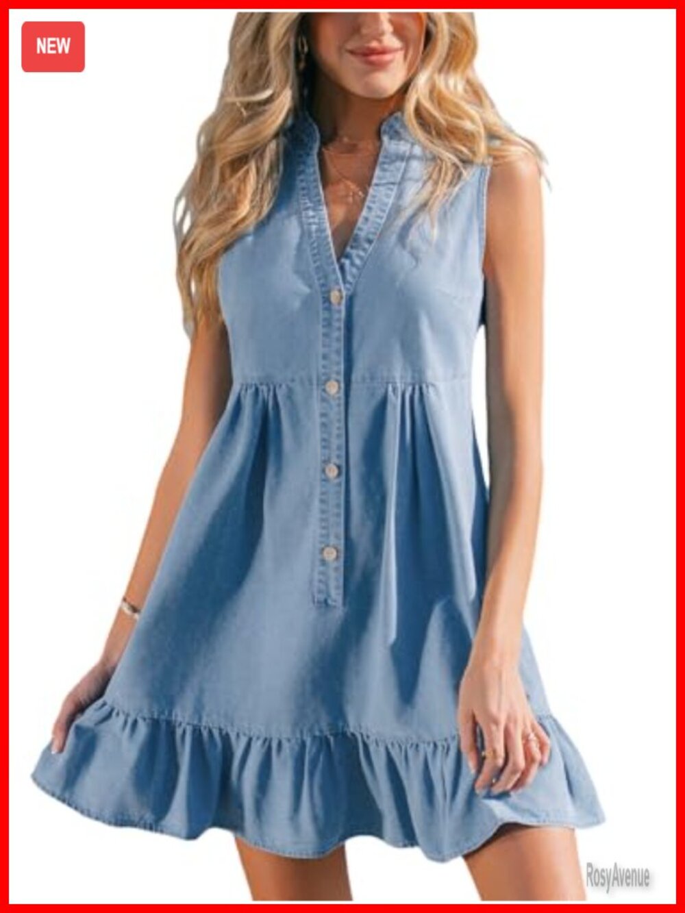 CUPSHE Ruffle Denim Mini Dress Sleeveless V-Neck A-Line Casual Summer